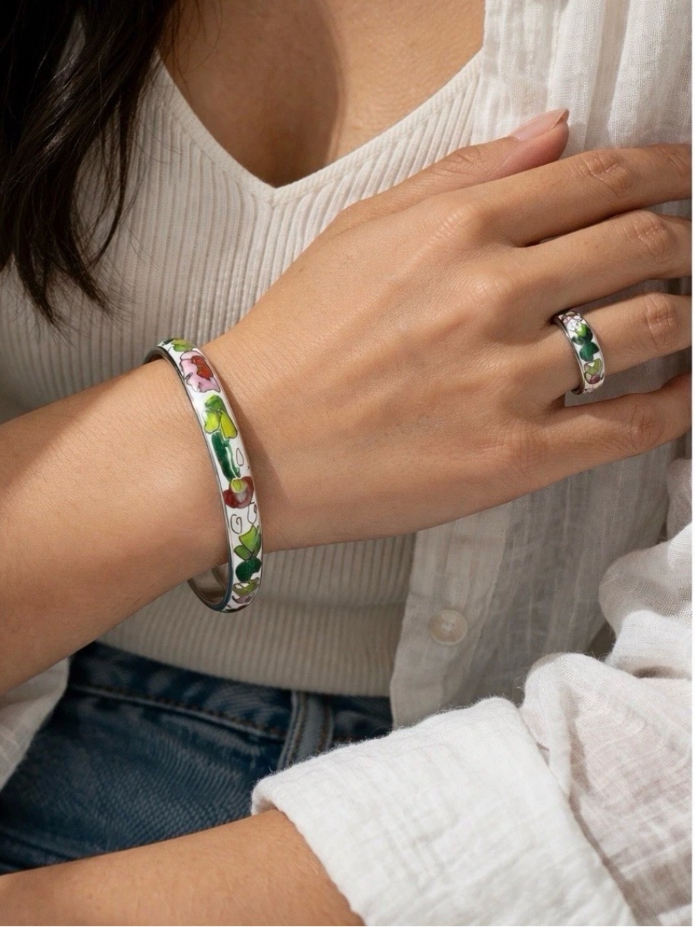 Enamel Floral Bangle Bracelet & Ring Set Hand Painted White Multicolor